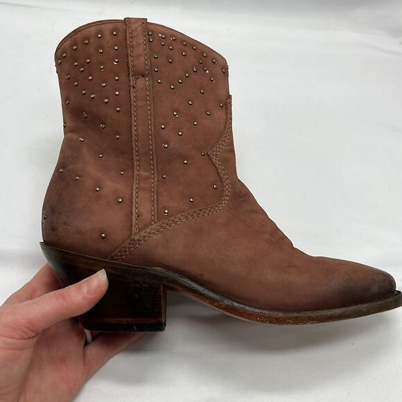 Discontinued Lucchese Brown Suede Ankle Zip Up Cowboy Boots with Studs - Picture 9 of 16